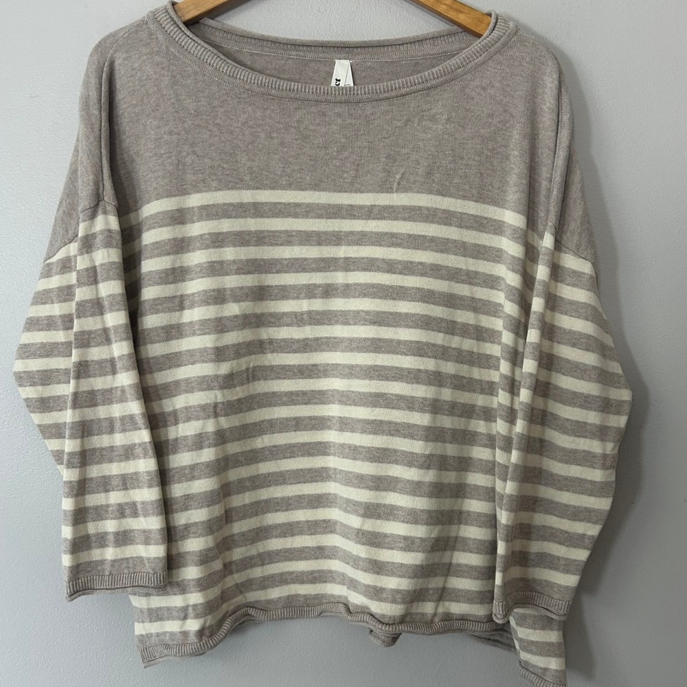 Pact Sweater Womens XL Taupe White Striped Organic Cotton Boat Neck Boxy